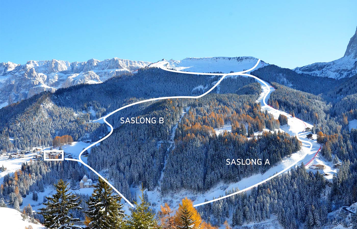 Map of the ski slopes overlooking the Hotel in Selva Val Gardena