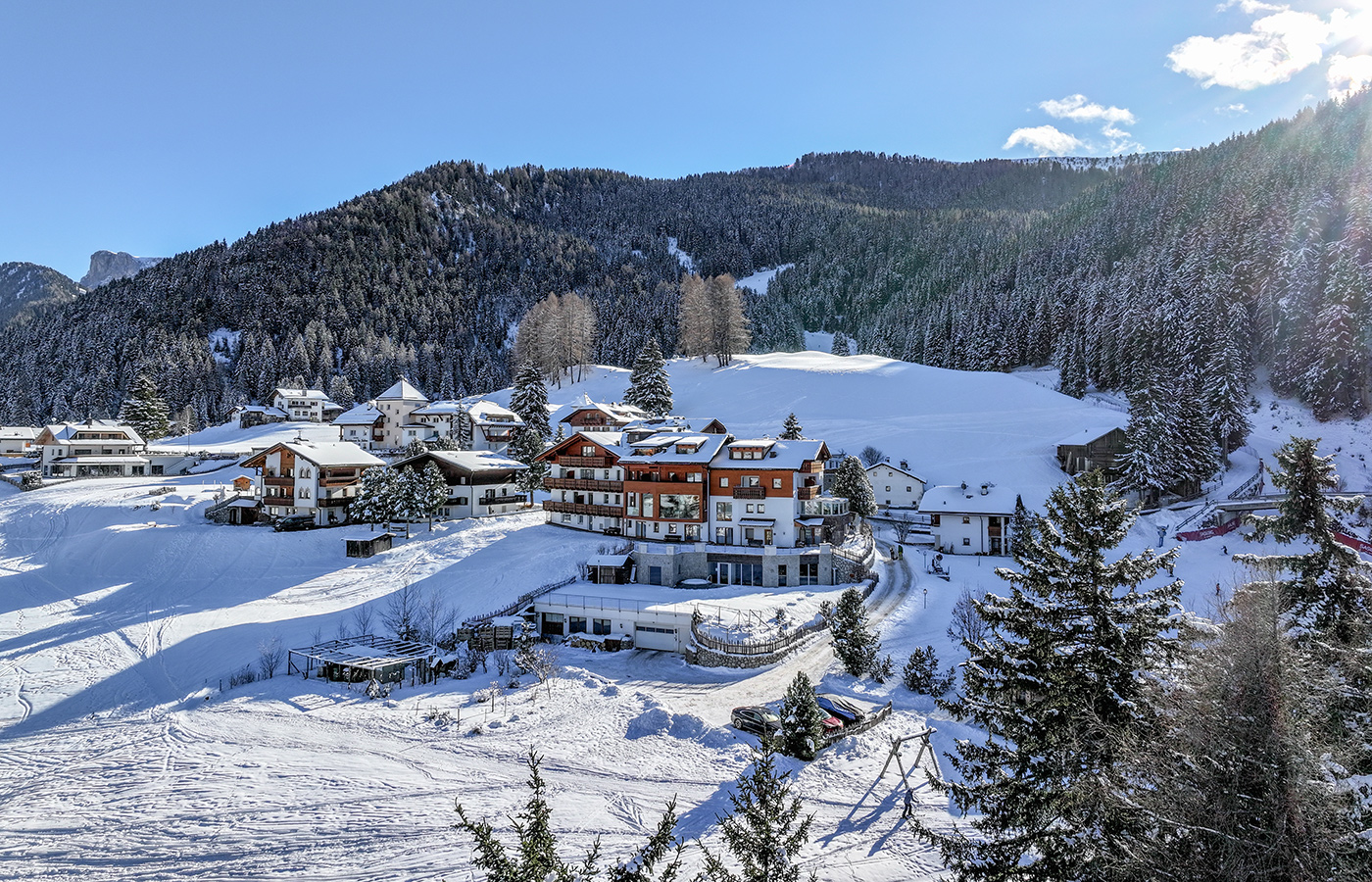 Vista panoramica sull’Hotel Dlaces e il paesaggio innevato