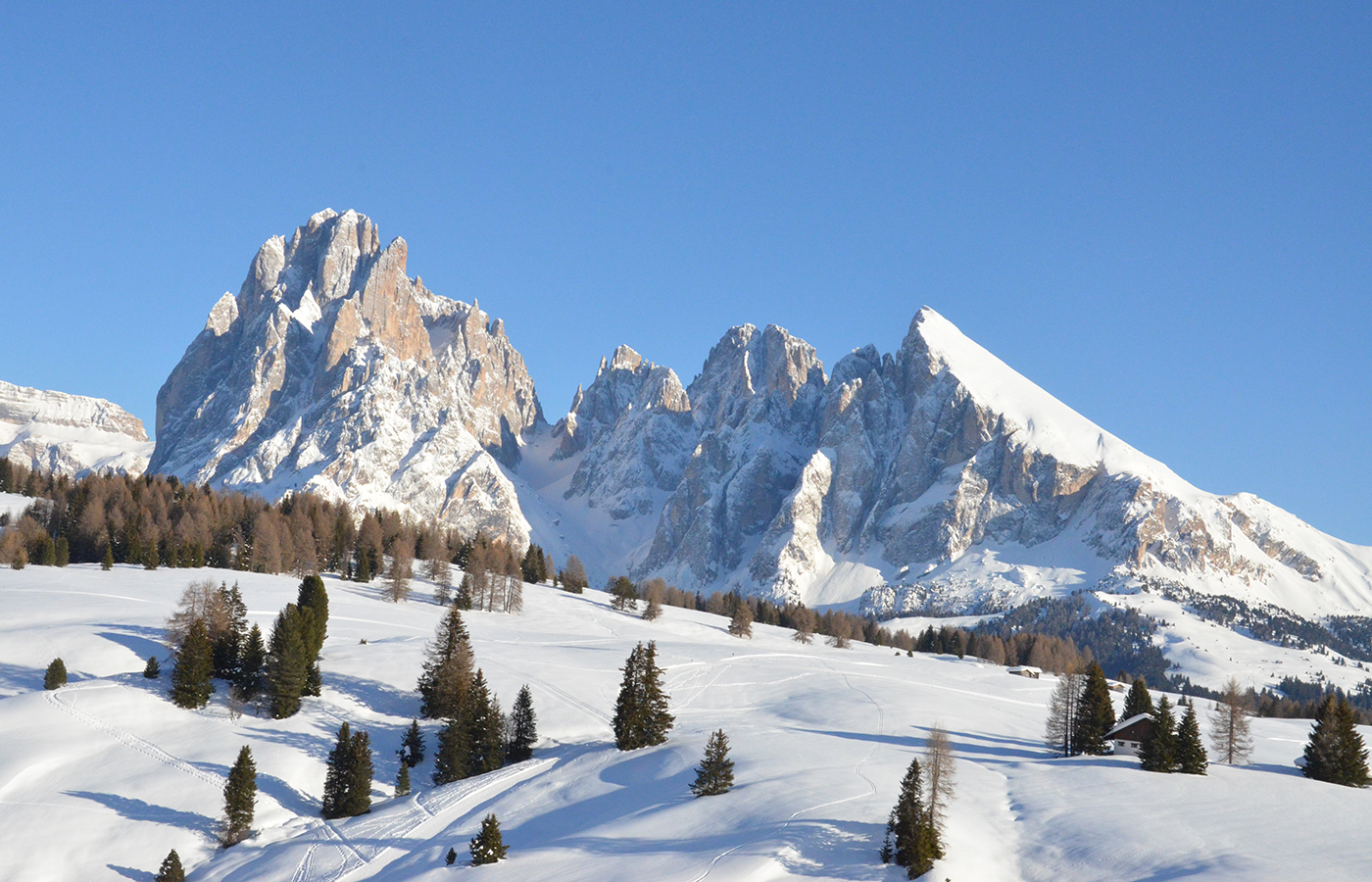 Montagne innevate della Val Gardena nelle Dolomiti